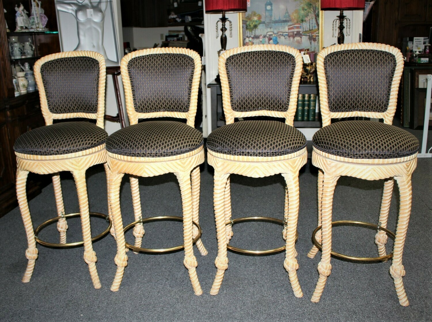 Set of 4 Italian Carved Wood Rope and Tassel Upholstered Swivel Barstools