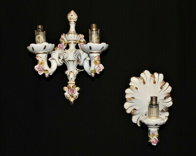 Set of 2 Italian Capodimonte Porcelain Majolica Flower Wall Light Sconces