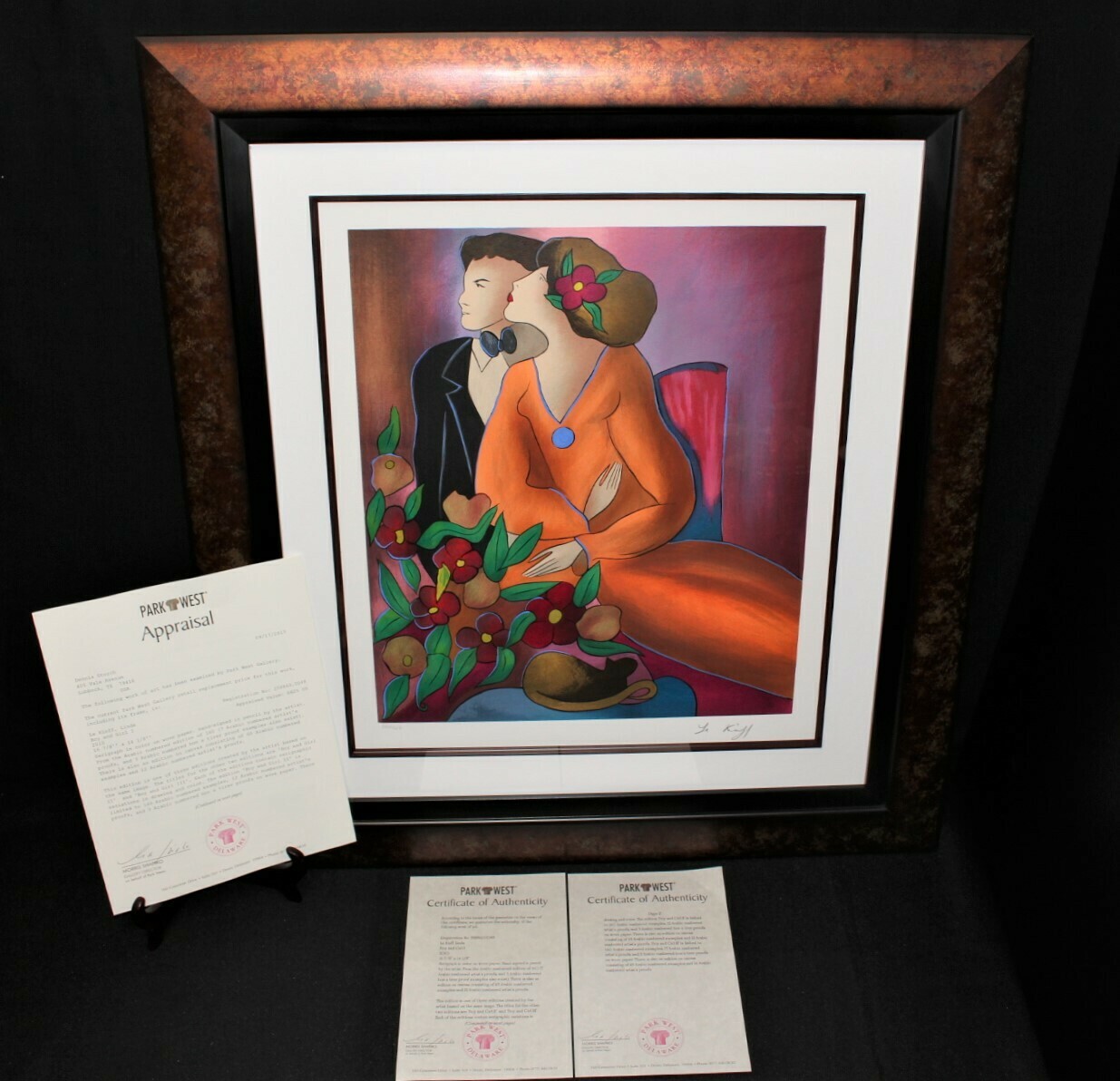 Linda Le Kinff Boy and Girl 29x26 Framed Serigraph Limited Ed. 106/160, Signed