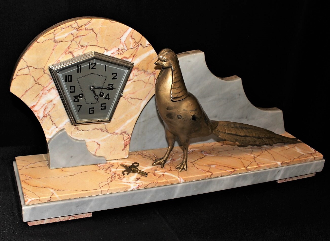 RARE Original Fritz Marti Art Deco Bronze Pheasant Sculpture Marble Mantel Clock