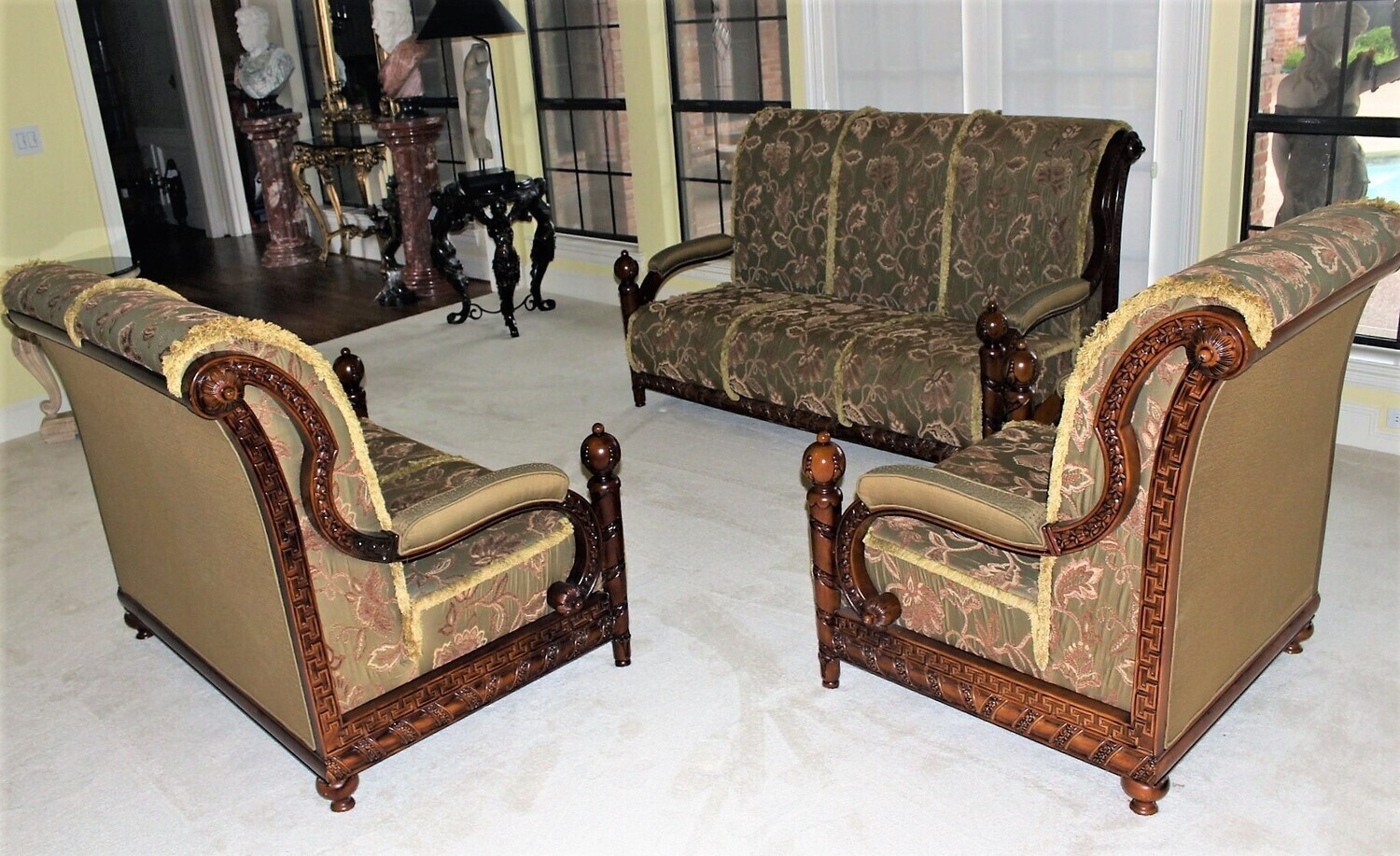 Antique Heavily Carved Upholstered Loveseat, Settee and Armchair Parlour Suite