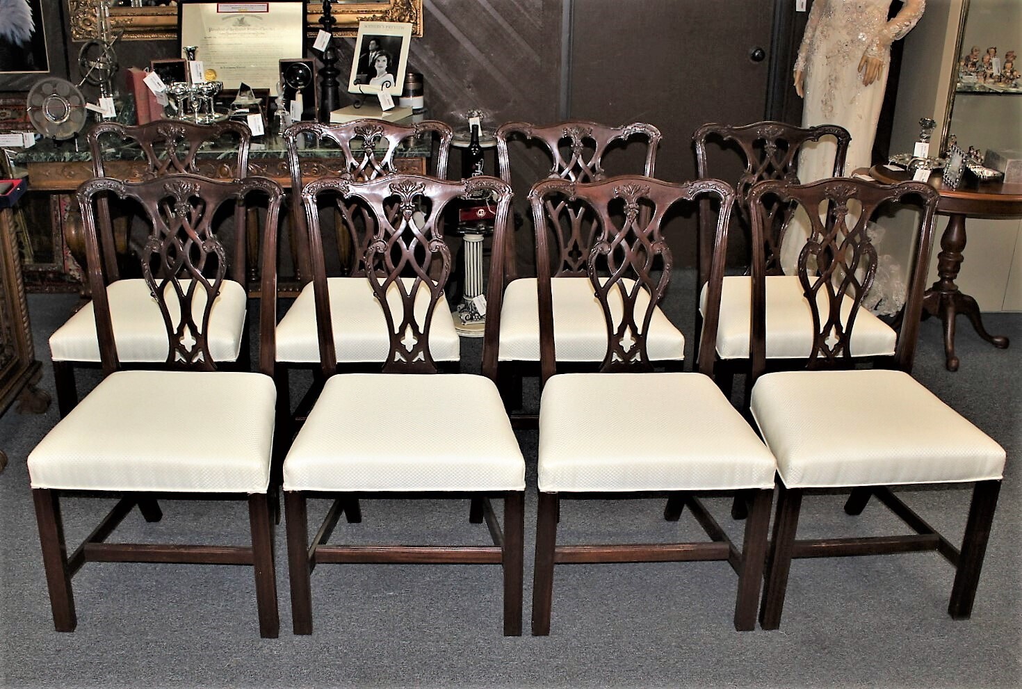 Set of 8 KINDEL Mahogany Chippendale Style Upholstered Dining Room Chairs
