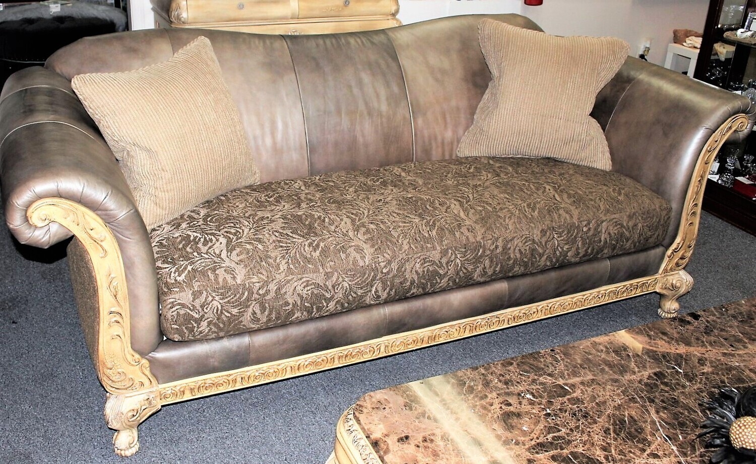 Schnadig Empire Collection High-End Carved Wood Sofa with Bench Seat Cushion