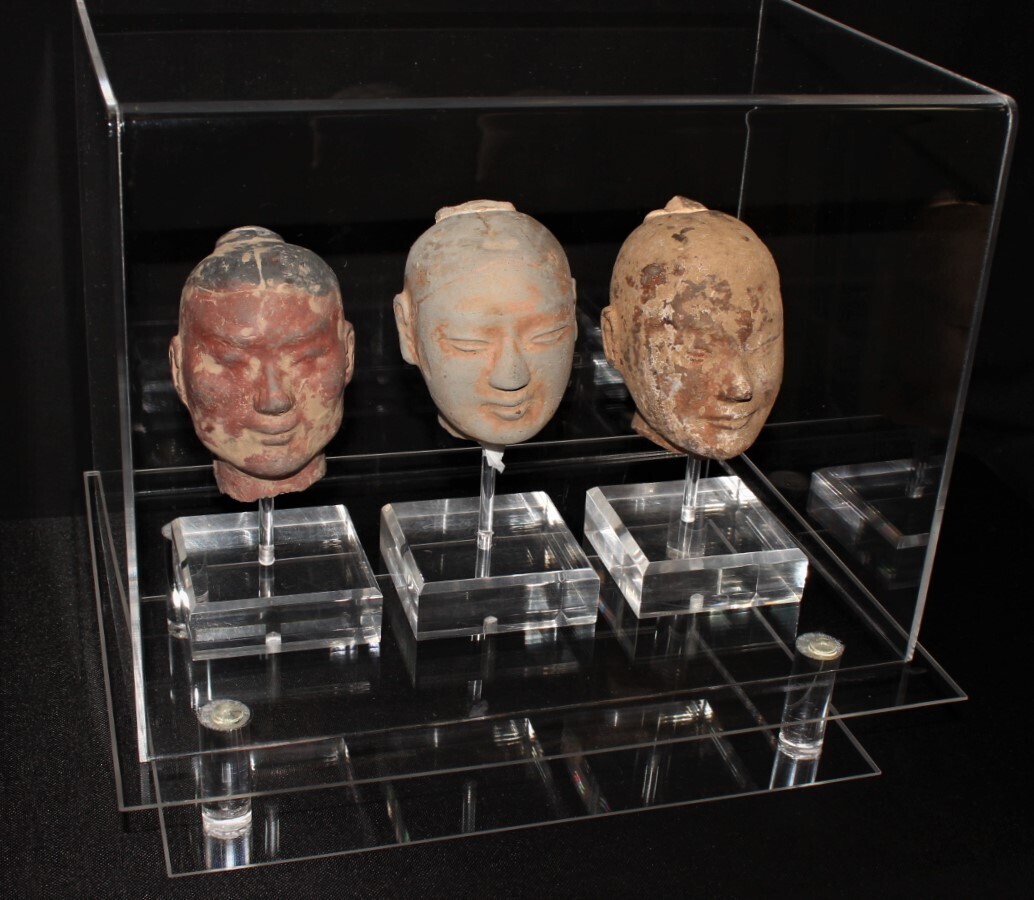 Set of 3 Chinese Han Dynasty Terracotta Heads on Lucite Stands in Display Case