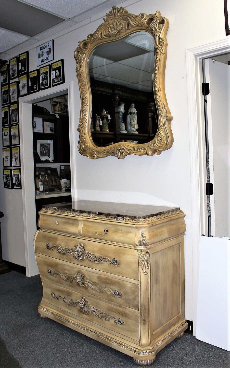 Schnadig Empire Collection Marble Top Dresser and Matching Beveled Mirror