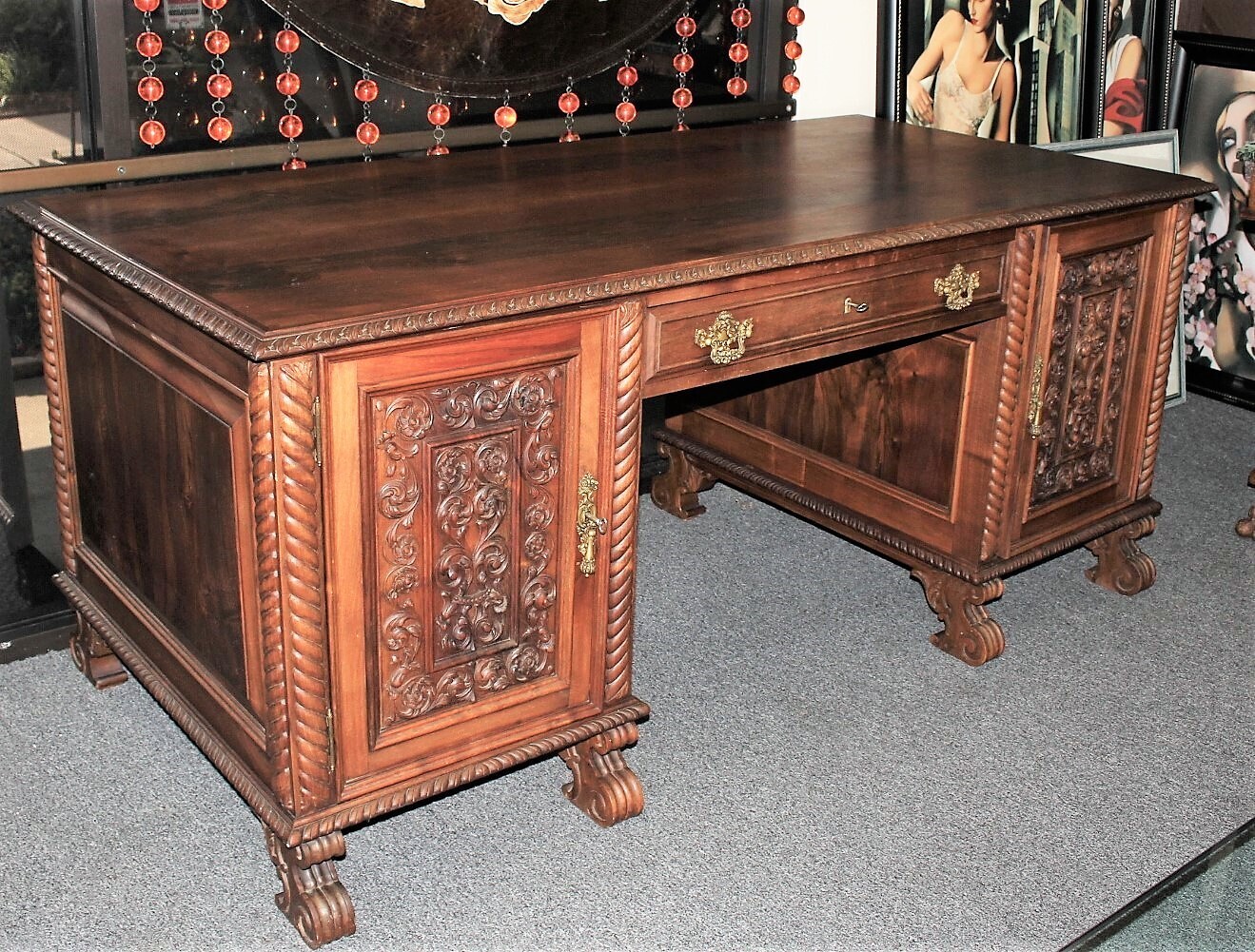 Antique French Renaissance Heavily Carved Walnut Double Faced Executive Desk