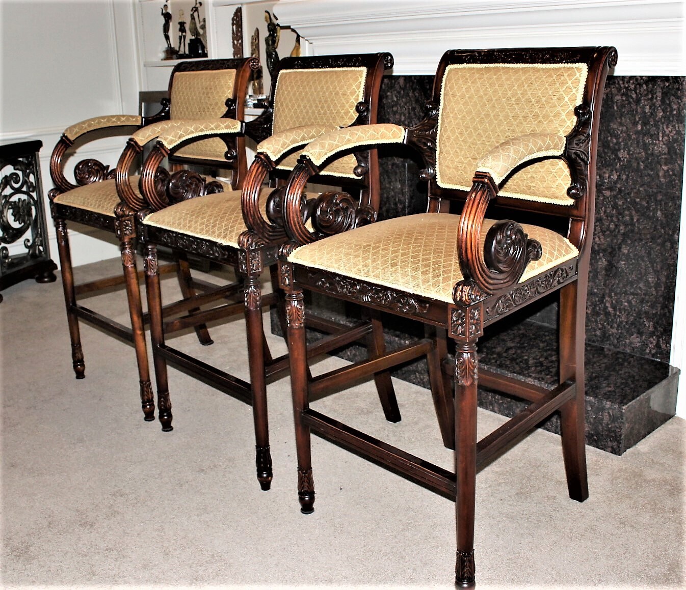 Set of 3 Elegantly Carved Mahogany Upholstered Bar Height Scroll Arm Barstools