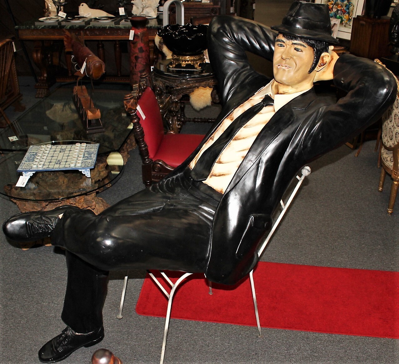 Life Size Blues Brothers ELWOOD Huge Statue Sitting in Metal Chair, Rare!