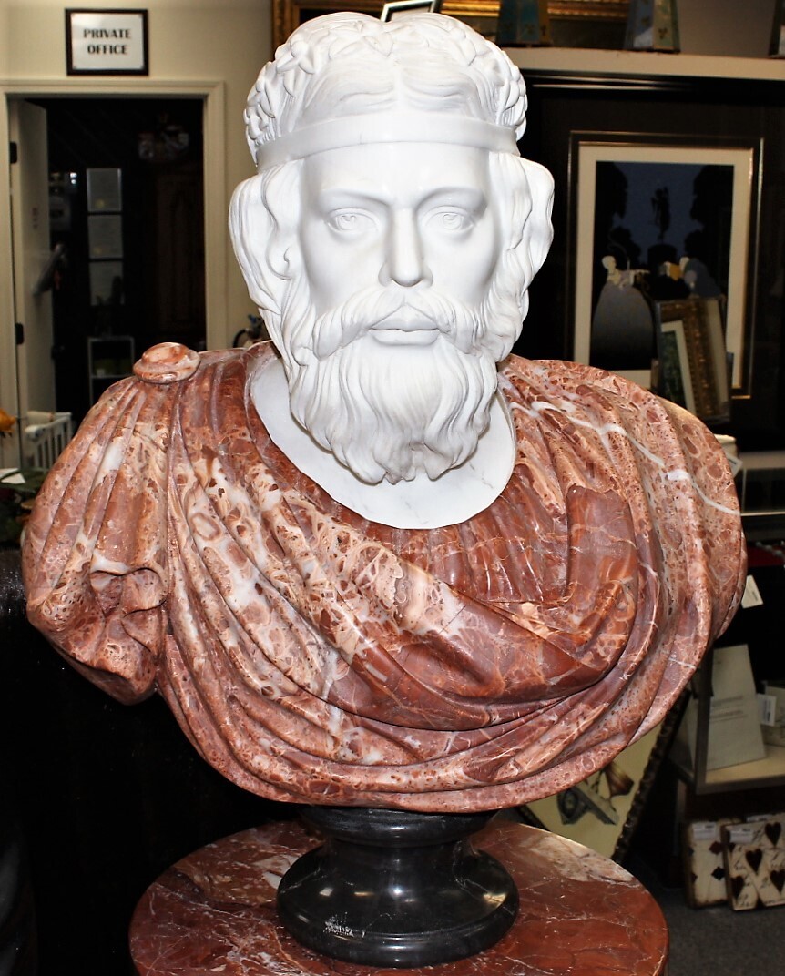 Roman Life Size Hand Carved White and Red Alicante Italian Marble Bust Statue