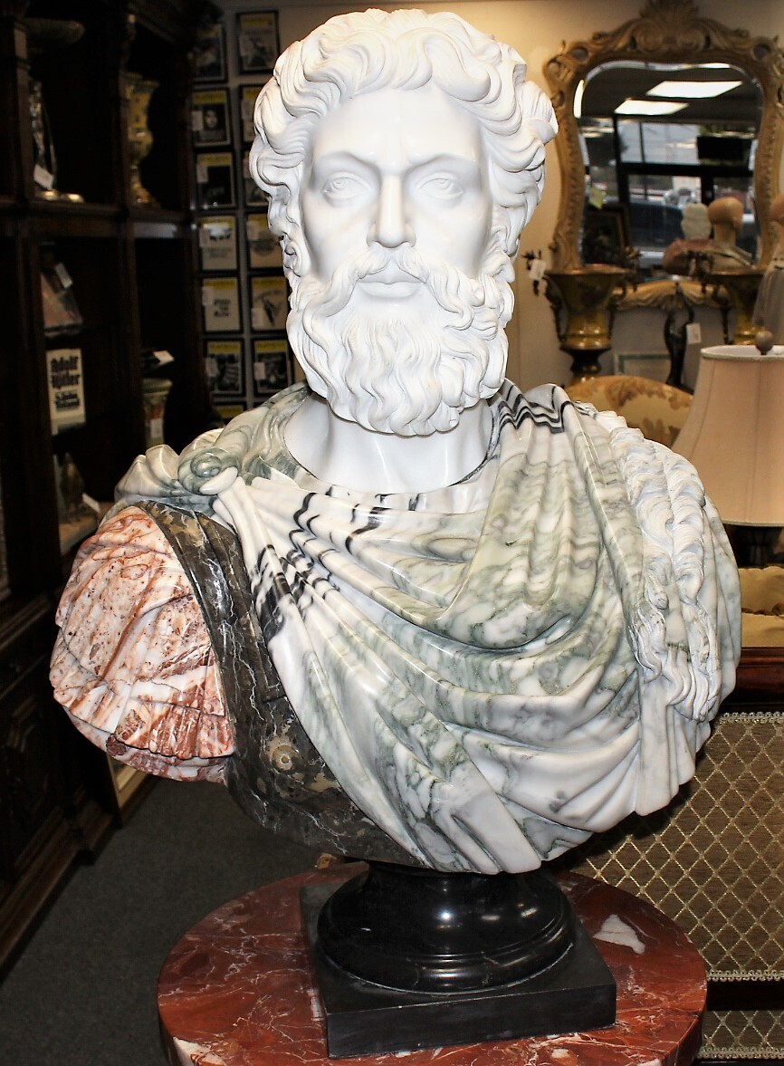 Roman Life Size Hand Carved White, Gray, Red Alicante Marble Bust Statue