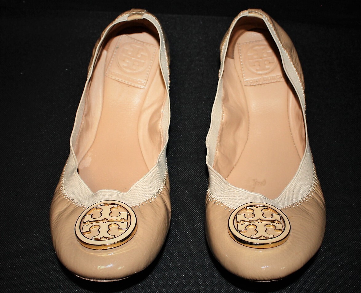 Tory Burch Caroline Nude Tan Patent Leather Ballet Flats Size 8M - AUTHENTIC