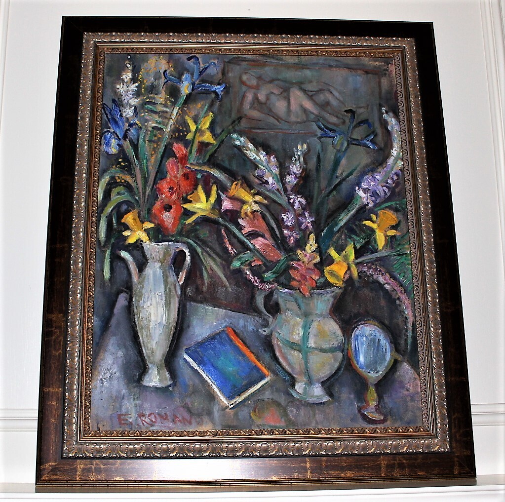 Emanuel Romano Glicen Still Life Flowers in Vase RARE 1950 Oil Painting, Signed