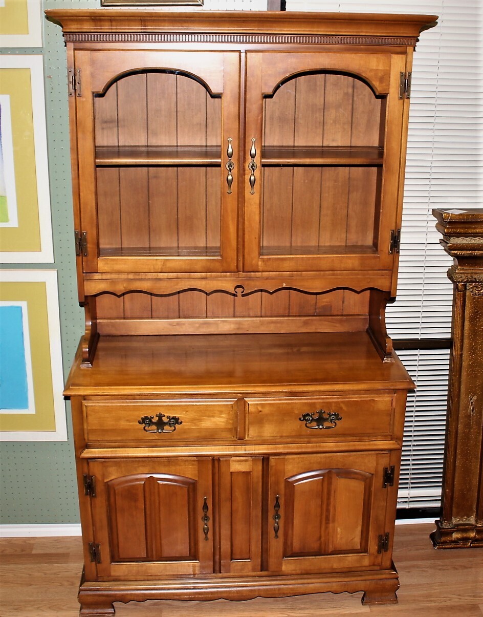 Early American Solid Maple Two-Piece China Hutch Display Cabinet