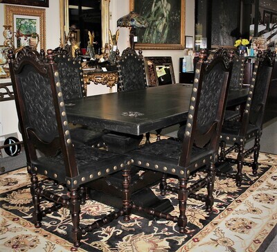 Custom Fleur de Lis Solid Dark Wood Dining Table and 6 Tooled Leather Chairs