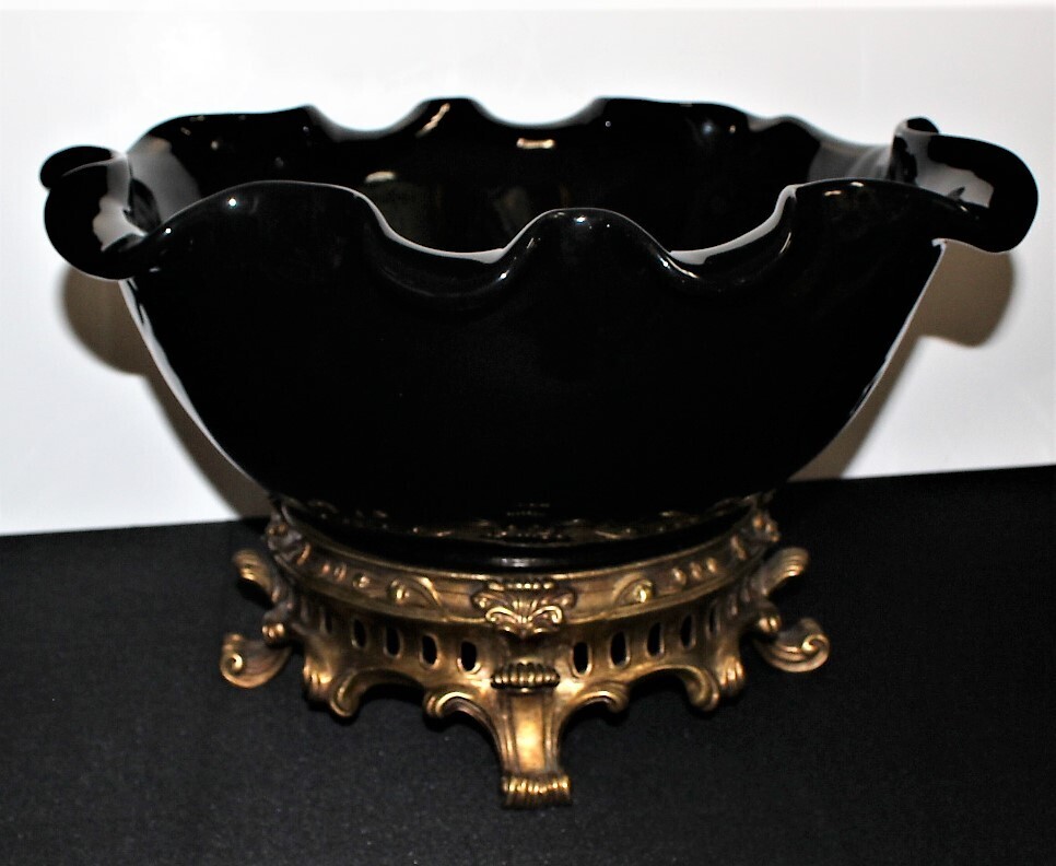 Vintage Ebony Porcelain Large Two-Piece Centerpiece Bowl on Bronze Ormolu Base