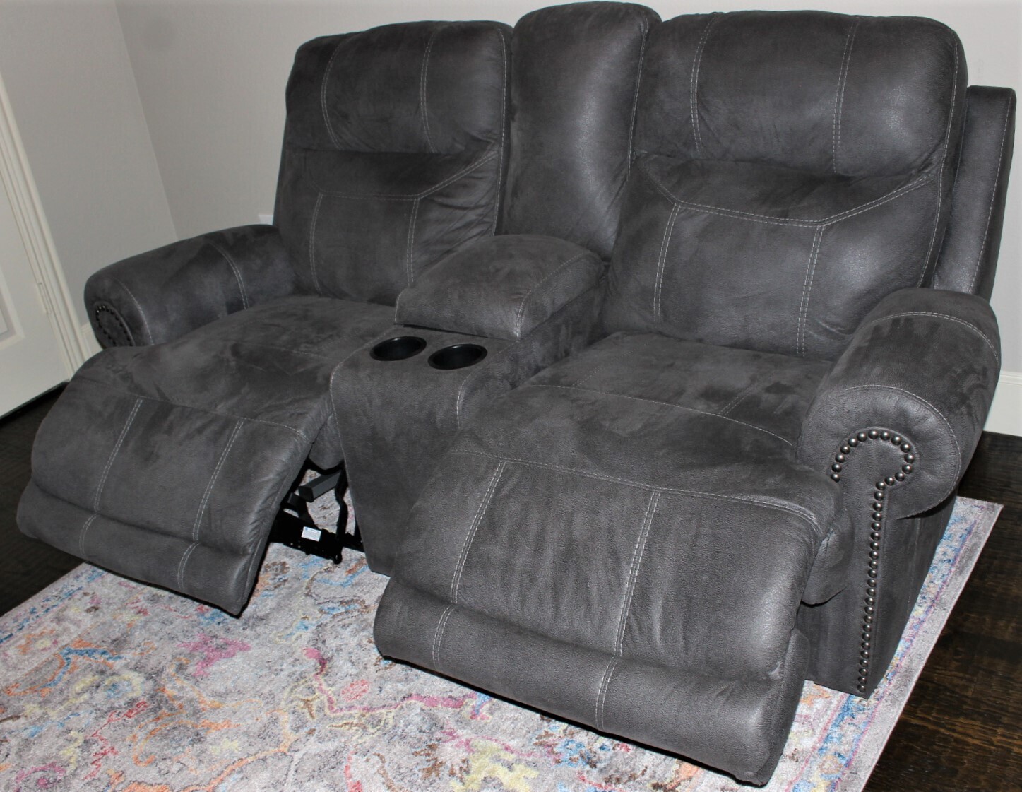 Ashley's Furniture Gray Double Electric Power Recliner Loveseat with Console