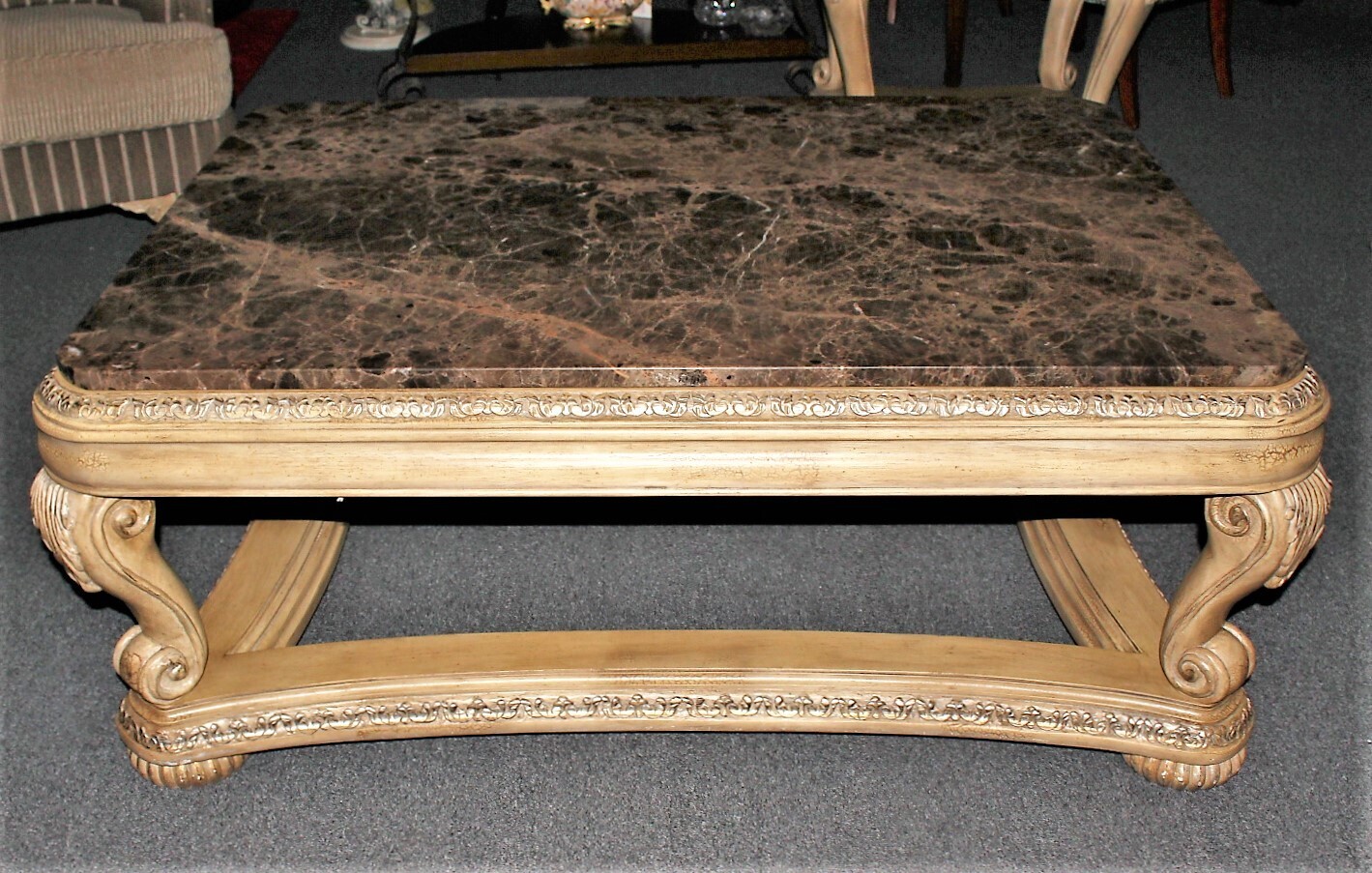 Schnadig Empire Collection Marble Top Ornately Carved Rectangular Coffee Table
