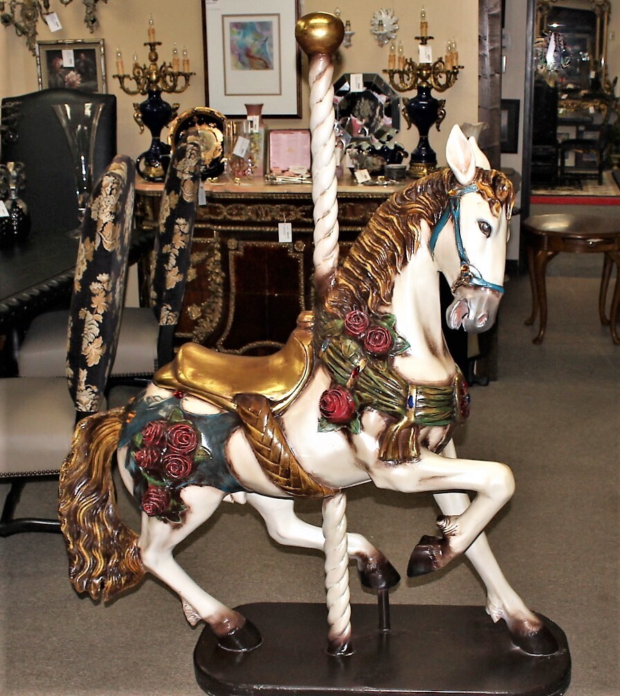 Full Size Carousel Horse on Base Decorated in Roses and Colorful Gems