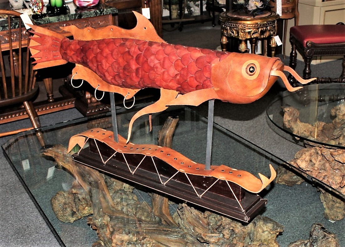 Huge Realistic 43 Inch Leather Arowana Fish Sculpture Art on Base, RARE!