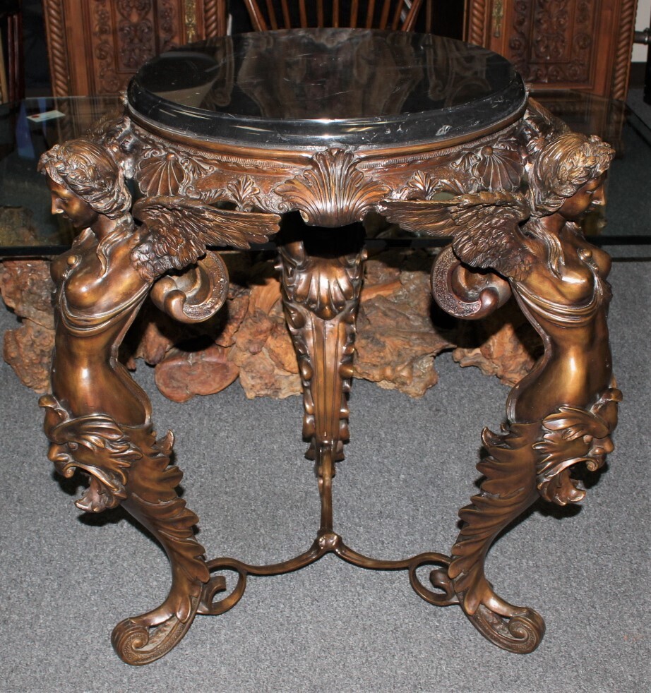 French 20th Century Bronze 3-Winged Angel Table with Marble Top