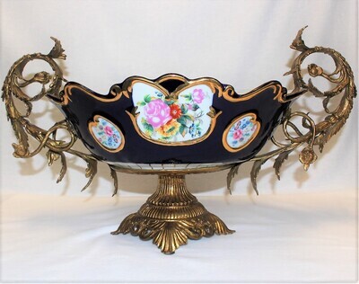 French Large Sevres Style Bronze Mounted Blue Cobalt Porcelain Centerpiece Bowl