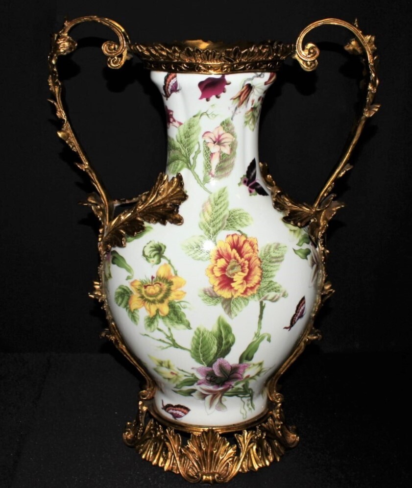 Porcelain Floral and Butterfly Motif 18 Inch Ormolu Trophy Handle Vase