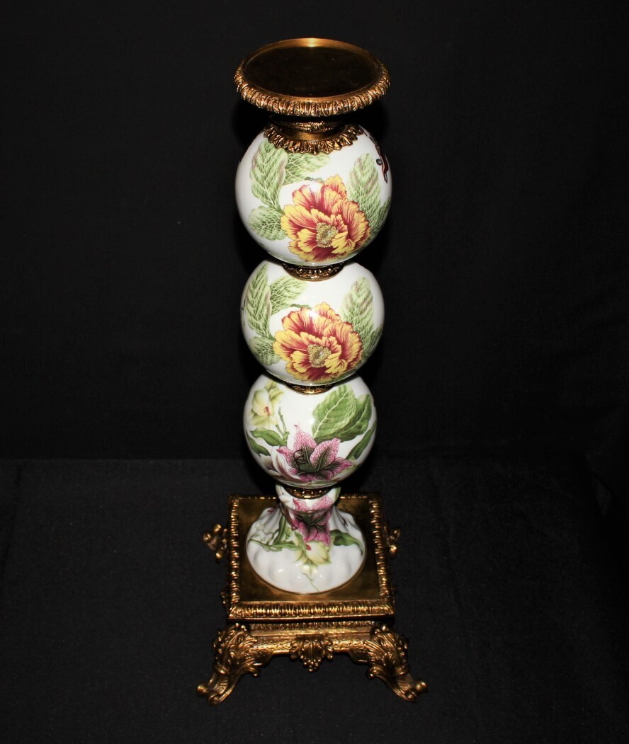 Pair of Porcelain Floral and Butterfly Motif 20 Inch Triple Ball Pillar Candleholders