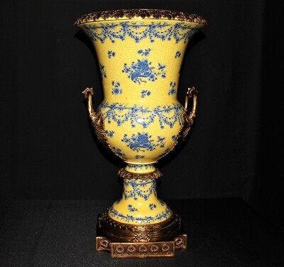 Chinese Large Hand Painted Yellow and Blue Porcelain Ormolu Mounted Vase