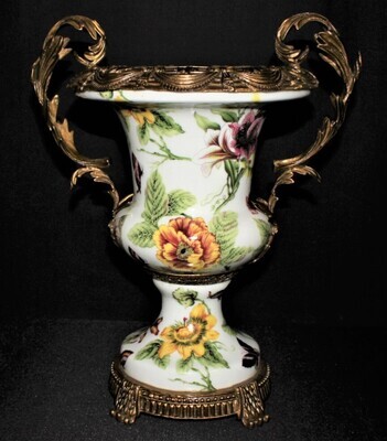 Porcelain Floral and Butterfly Motif 14.5 Inch Ormolu Trophy Handle Vase