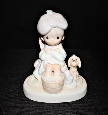 Precious Moments 1981 GOD IS WATCHING OVER YOU 5.5" Sick Boy with Dog Figurine, E7163