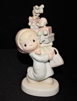 Precious Moments 1982 BUNDLES OF JOY 6.5” Girl Carrying Gifts Figurine, E2374