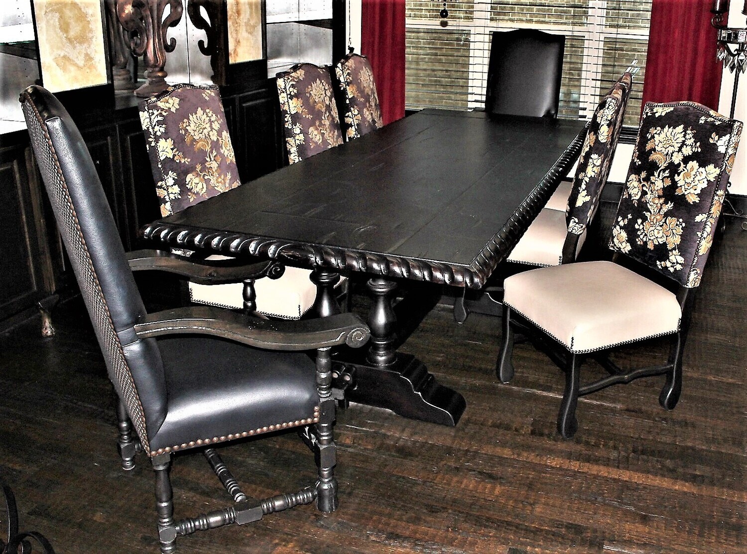 Solid Mango Carved Wood 10-Foot Dining Table with Eight Gorgeous Highback Chairs
