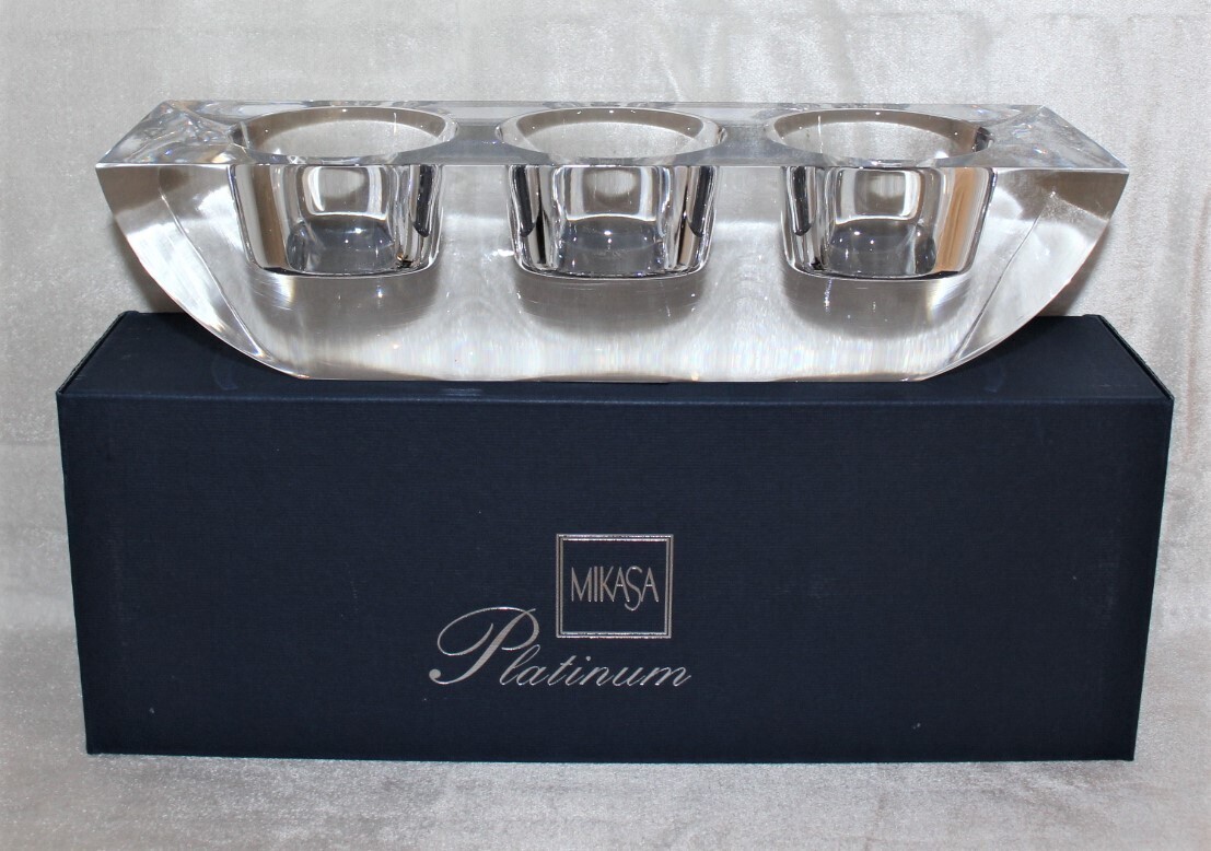 Mikasa Platinum Prism Crystal Tri-Candle Holder 9 Inch Block in Box, XY-050 862