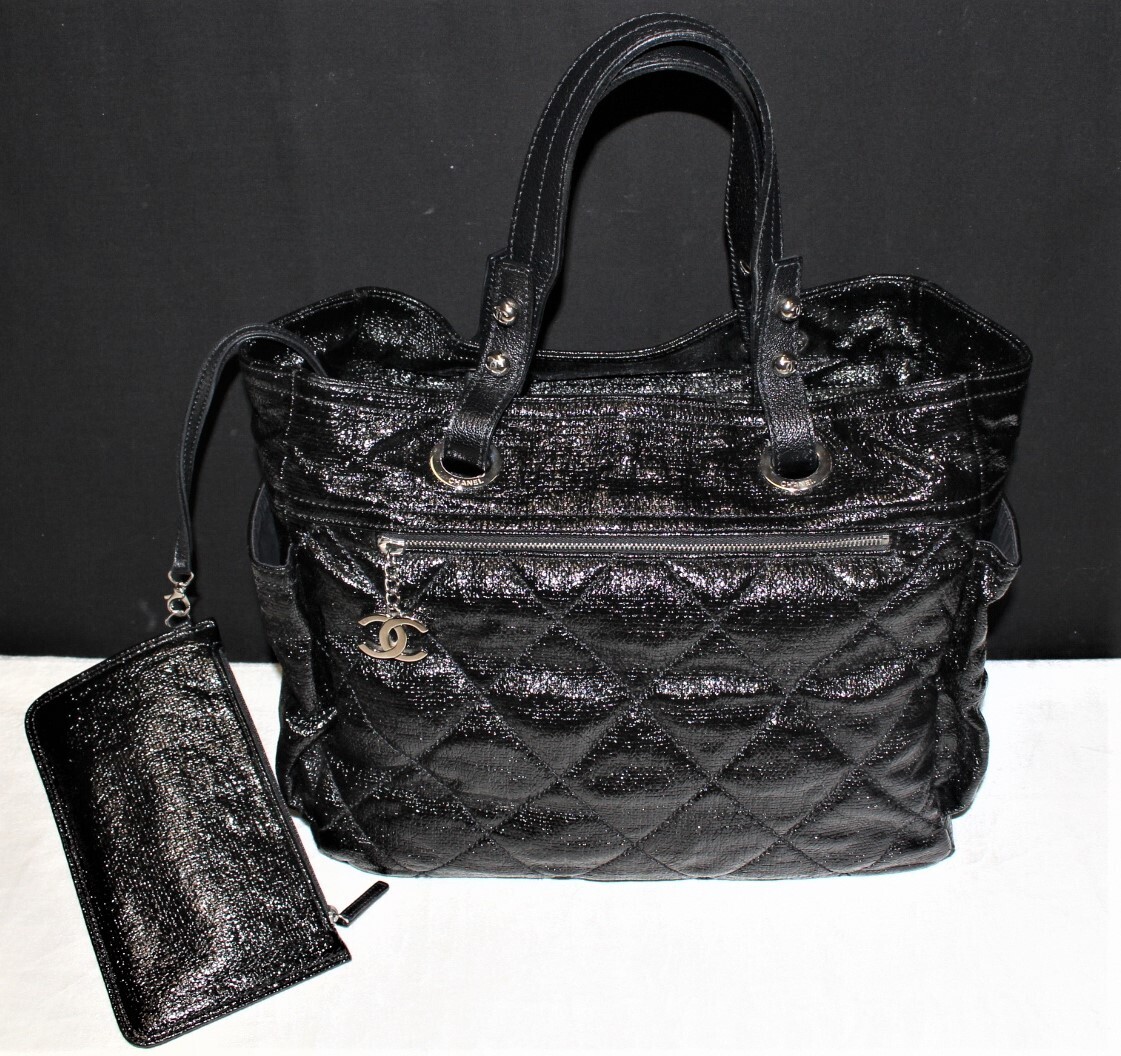Chanel Biarritz Large Black Quilted Coated Canvas Pocket Tote Bag with Pochette