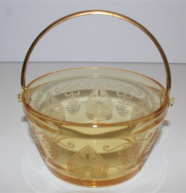 Fostoria Trojan Topaz Yellow Etched Glass Whipped Cream Pail with Swing Handle