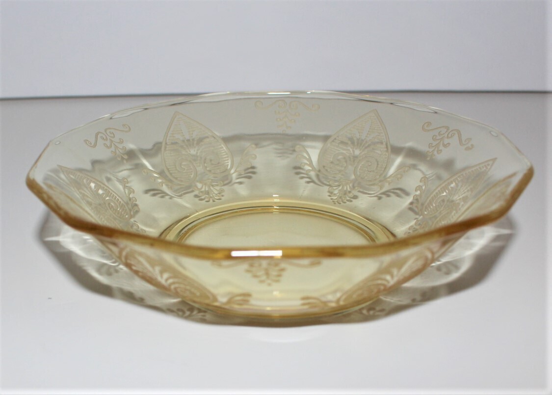 Fostoria Trojan Etched Glass Yellow Topaz 5&quot; Fruit Berry Dessert Sauce Bowl