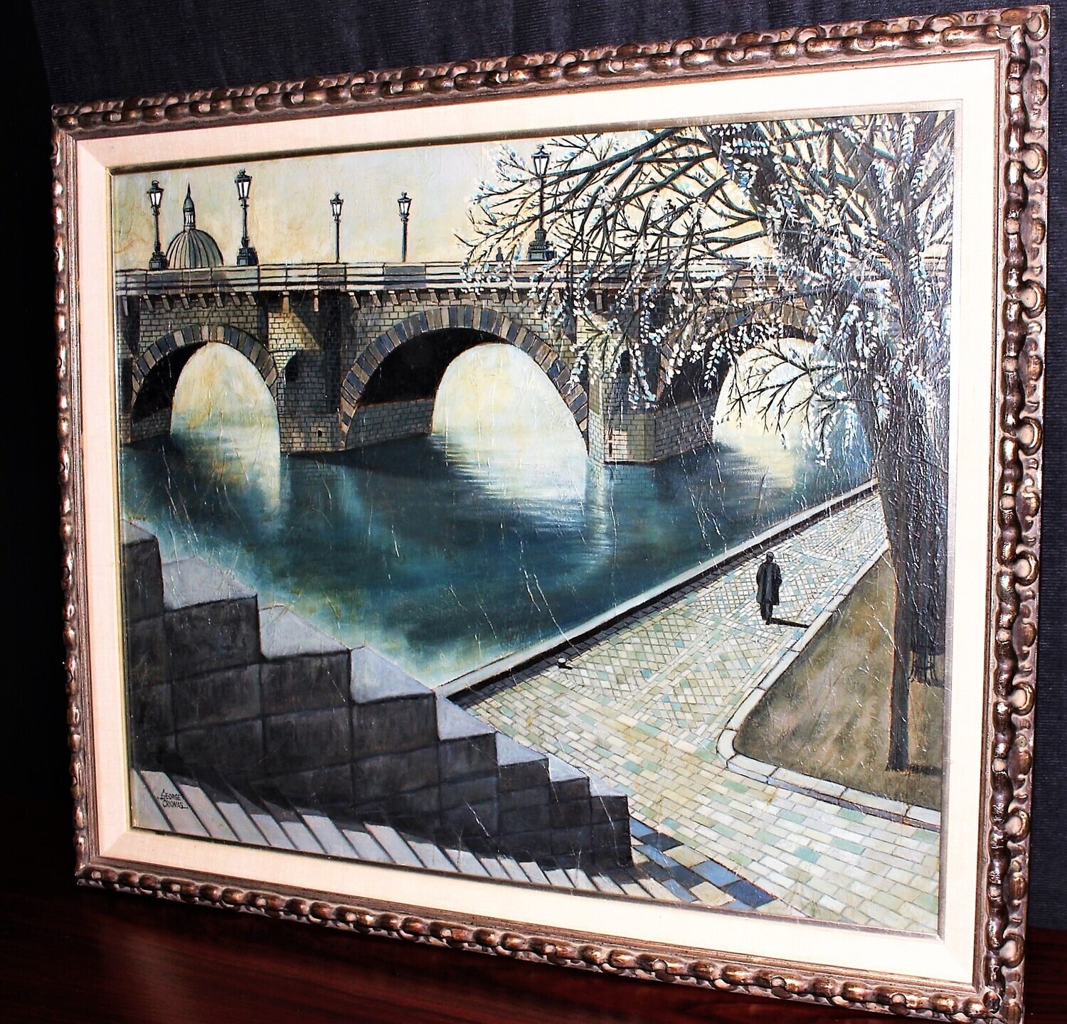 Original George Crionas Embankment Framed 35 x 24 Oil on Canvas Painting, Signed