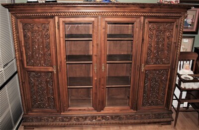 Antique French Renaissance Carved Walnut Bookcase Display Cabinet with Key