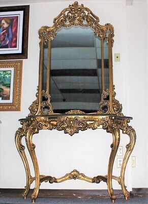 French Ornate Carved Gilt Black Onyx Top Console Table and Mirror