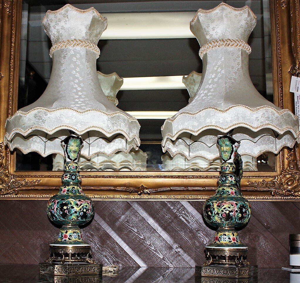 Pair of Large Hand Painted Porcelain Capodimonte Majolica Lamps with Shades