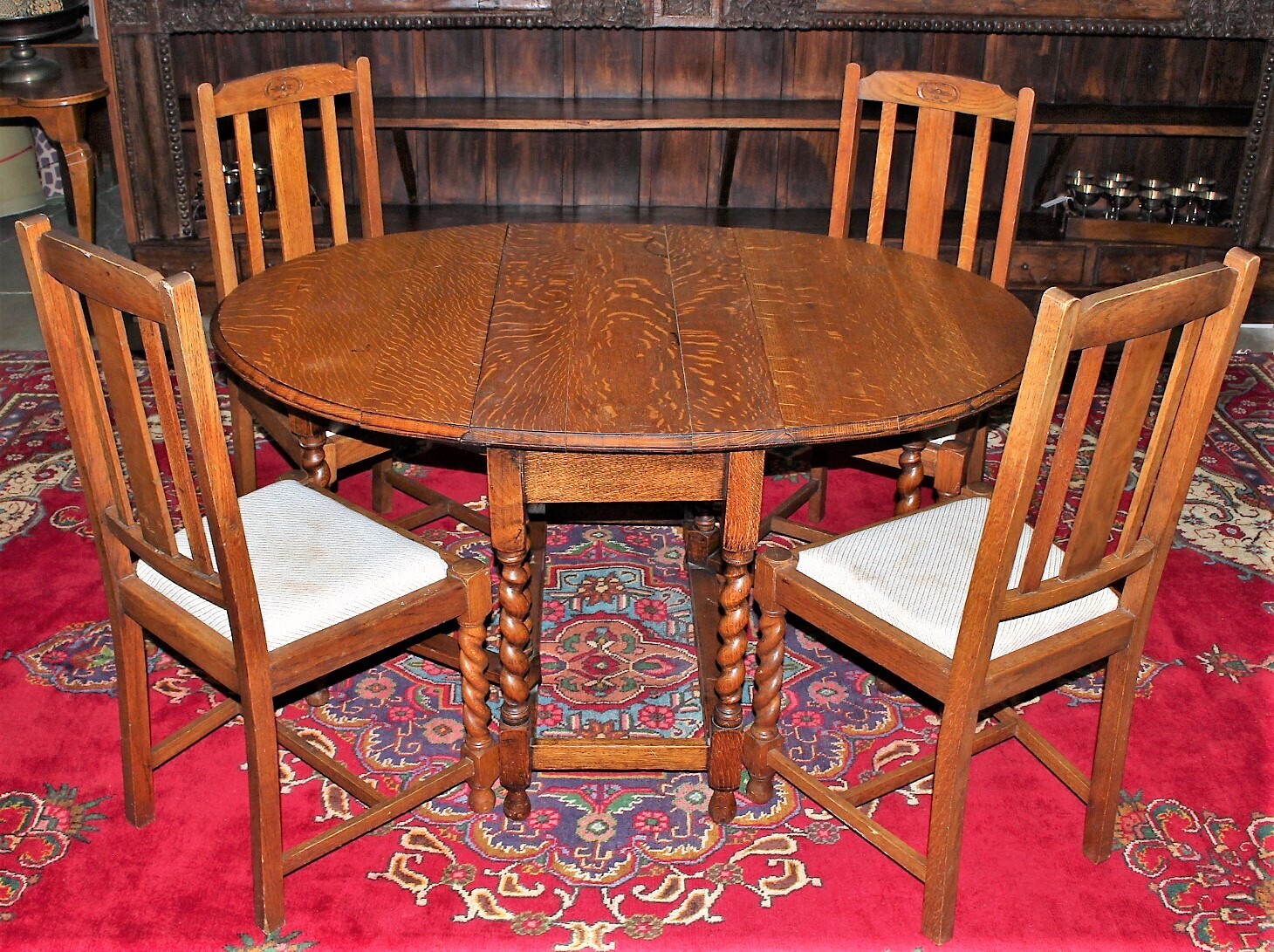 Antique English Barley Twist Solid Oak Wood Drop Leaf Table with Four Chairs