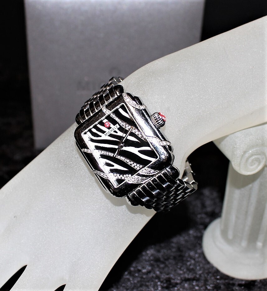 Michele Deco Safari Zebra Diamond Stainless Chronograph Watch in Box New Battery