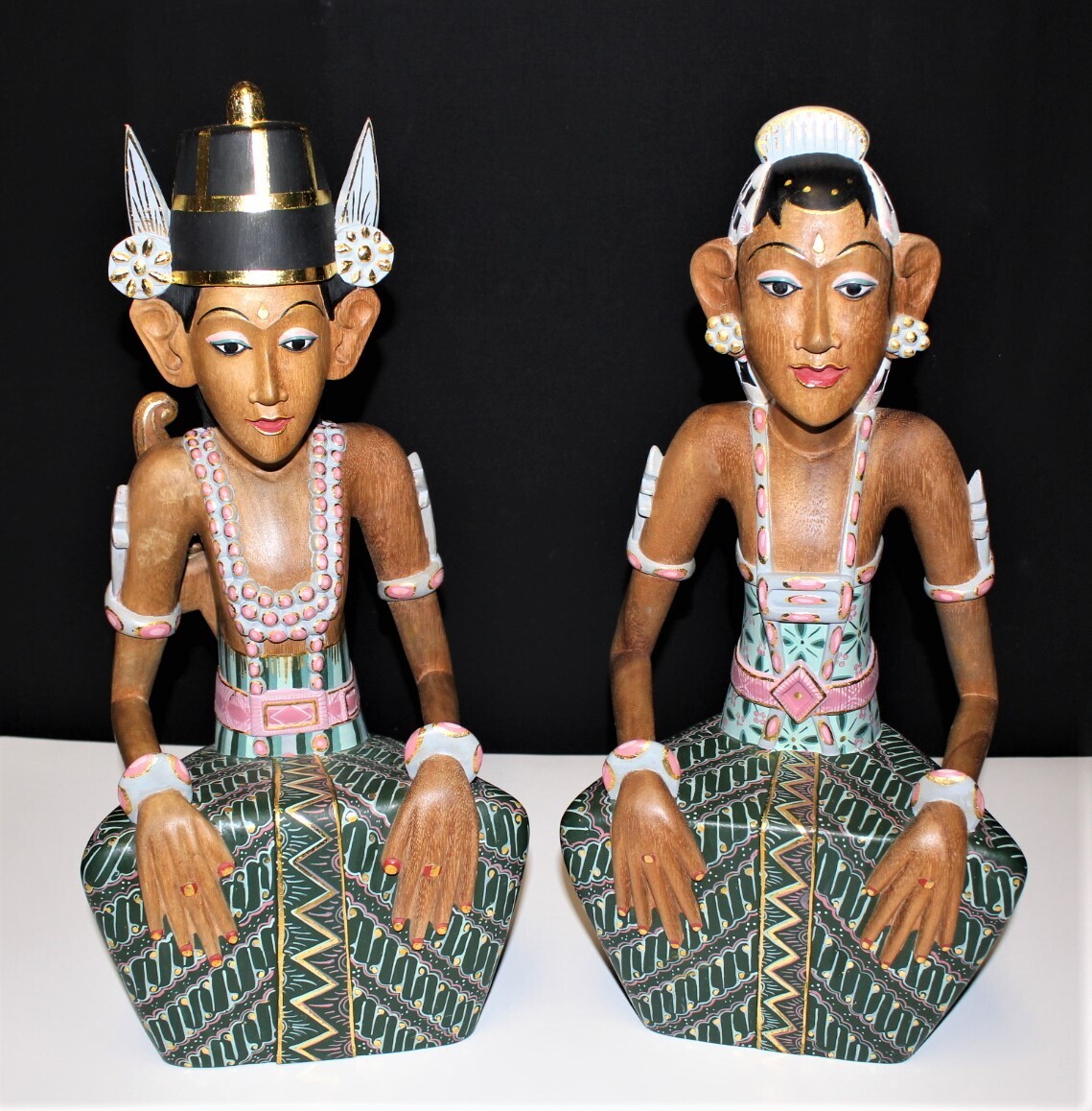 Javanese Matching Bride and Groom Hand Carved Wood Wedding Couple Sculptures