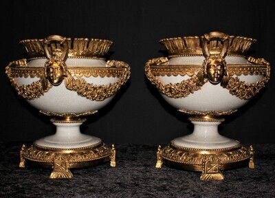Pair of French Empire Style Porcelain Ormolu Vases