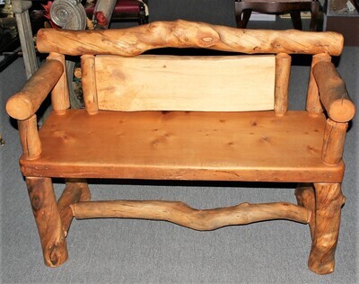 Cedar Log Bench with Carved Bobcat and Mountains on Backrest, One of a Kind