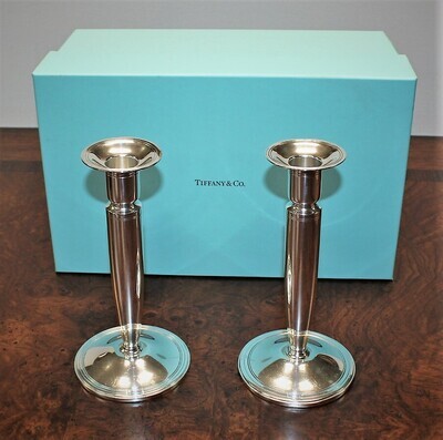 Pair of Tiffany & Co. Sterling Silver Tall Candlestick Holders in Box, No. 23282