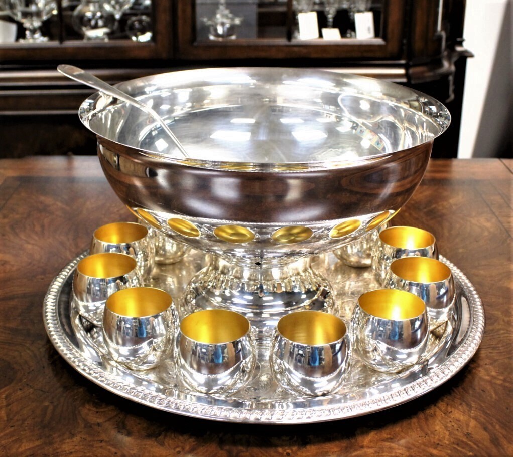 Sheridan Silver Co. Large Punch Bowl Set, 12 Cups, Underplate Tray, and Ladle