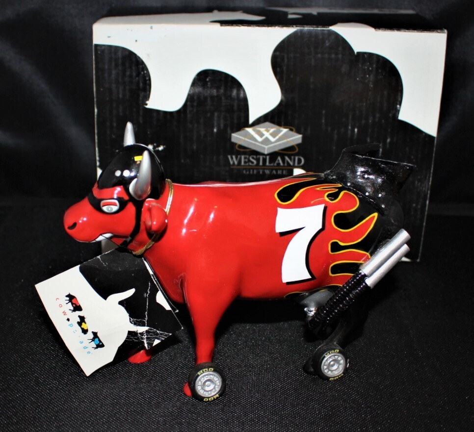 Cow Parade NASCOW Stockyard Red &amp; Black Flame Nascar #7 Figurine in Box No. 9206