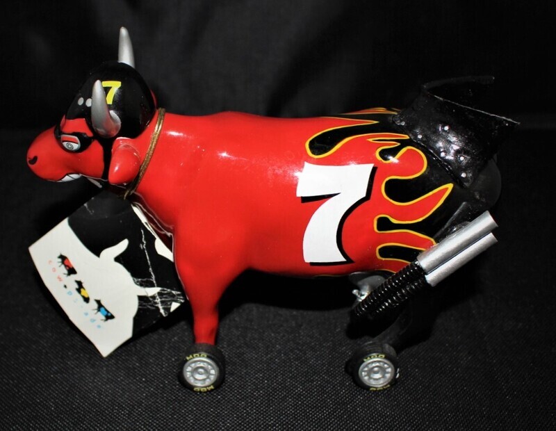 Cow Parade NASCOW Stockyard Red &amp; Black Flame Nascar #7 Figurine in Box No. 9206