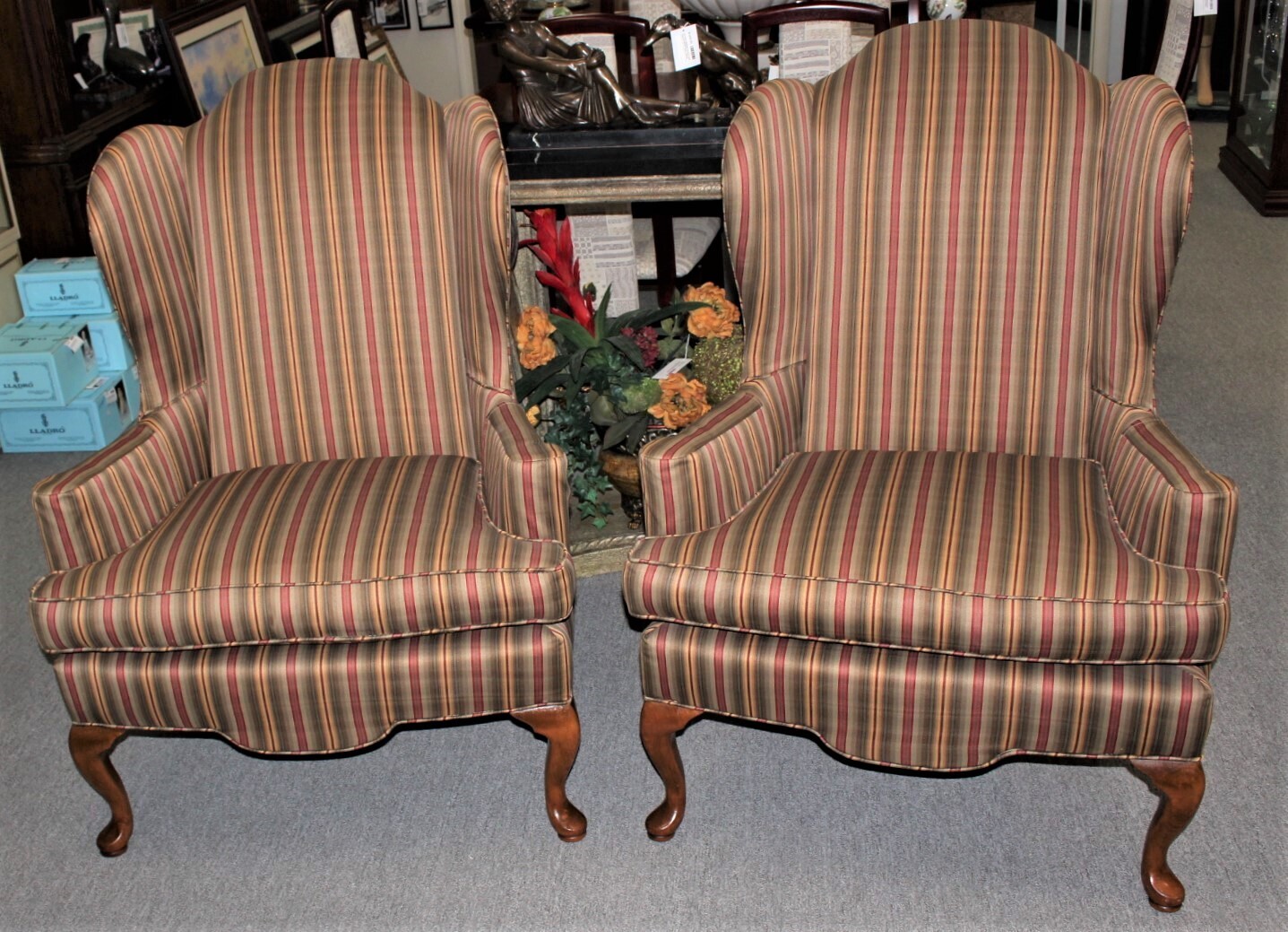 Pair of Ethan Allen Queen Anne Style Custom Upholstered Wingback Chairs